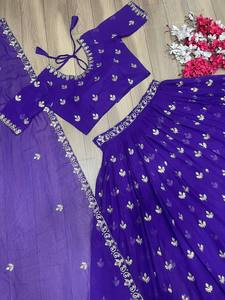 Lehenga Choli en soie bleu royal pour les fêtes Cancan-Toile entièrement évasée avec paillettes de fil Blouse cousue et Dupatta - Product Image 2
