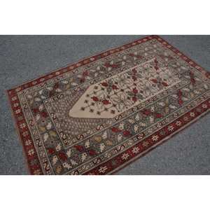 Vintage Turkish <b>Wool</b> Area Rug <b>Red</b> & Beige 4'1 X 6'4 ft Large Rectangle Abstract Patchwork Pattern 10mm Thickness Latex Backed" - Product Image 4