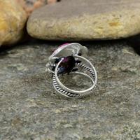 Bague bohème vintage Navajo en argent sterling 925 massif plaqué rhodium avec turquoise naturelle d'huître épineuse rose, sertie clos, 10x14mm