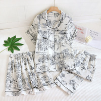 Piyama Wanita 3 Potong Bahan Katun Gauze Bernapas, Lengan Pendek, Celana Pendek, Pinggang Elastis, Katun Tipis, Pakaian Rumah untuk Musim Semi