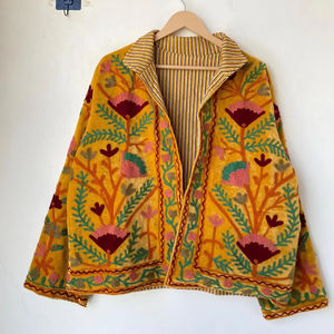 Handmade Cotton Suzani Coat with Embroidered Techniques Breathable Boho <b>Quilted</b> Jacket Indian Embroidery Jacket - Product Image 1