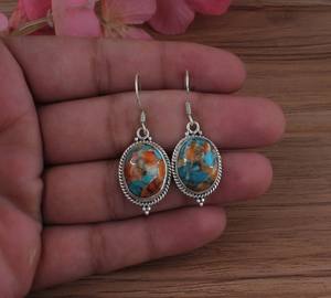 Boucles d'oreilles ovales faites à la main en mosaïque turquoise et huître en cuivre plaqué rhodium pour femmes bijoux de mariage - Product Image 1