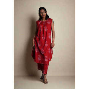 Conjunto de Kurta Casual sin Mangas para Mujer, Color Rojo Rosa, Transpirable, de Algodón/Fibra de Bambú, Cuello Redondo, para Primavera/Verano - Product Image 2