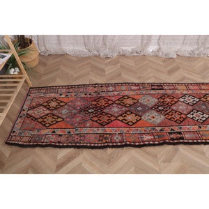 Vintage 2.9x12.2 ft Rug, <b>Runner</b> Turkish Rug, <b>Red</b> Gray Floral Wool Rug - Product Image 4