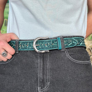2025 Vintage Western Cowboy <b>Men's</b> Handmade Genuine Leather Belt Custom Length with Embossed <b>Studded</b> <b>for</b> Buckle Horse Hair Design - Product Image 5