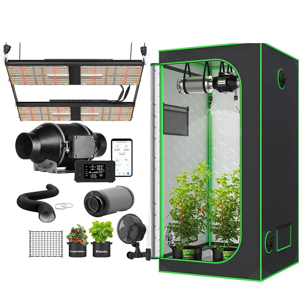Умная система палаток для растений 4x4, контроллер Wi-Fi, автоматический вентиляционный вентилятор, полный спектр, 480 Вт, светодиодный светильник для выращивания растений