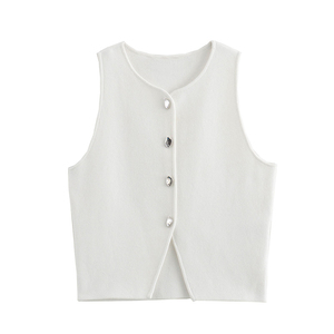 <b>Women</b> Summer New Fashion Cropped <b>Knitted</b> <b>Tank</b> <b>Tops</b> Vintage Sleeveless Button-up Female Chic Vest <b>Top</b> - Product Image 2
