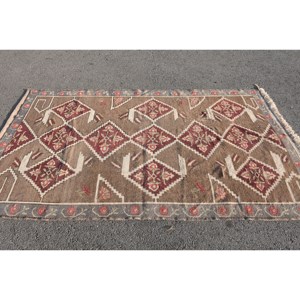 Alfombra de área de lana turca Vintage 4,5X7,9 pies marrón Beige diseño de retazos respaldo de látex rectangular grande-para pasillo habitación cabecera - Product Image 4