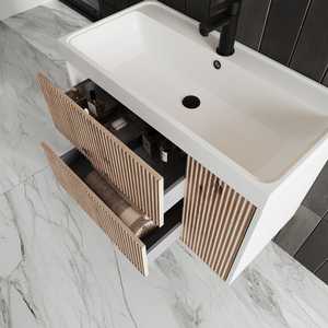 Meuble de salle de bain Cannes 80 cm en chêne doré côtelé avec lavabo, ensembles de salle de bain - Product Image 4