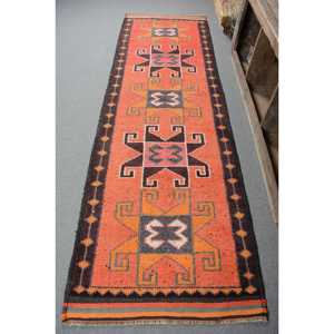 Tapis en laine turque vintage 31x101 pieds tapis orange tissage plat Patchwork Design pour décorations de salon - Product Image 1