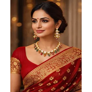 Ensemble de collier Kundan avec perles multicolores, bijoux vintage bohèmes de luxe, plaqué or, bijoux de mariage, pierres en zircon - Product Image 6