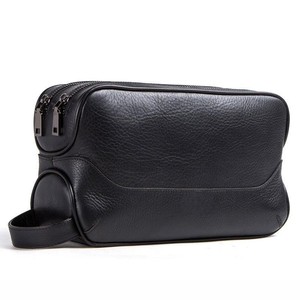 Leather Toiletry <b>Bag</b> With Zipper Closure Soft Handle Medium Capacity Classic Style Travel Dopp <b>Kit</b> Black - Product Image 1