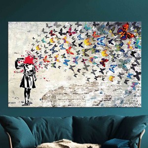 Tableau sur toile Banksy Butterfly Girl : Impression décorative murale en vitrail, toile encollée - Product Image 1