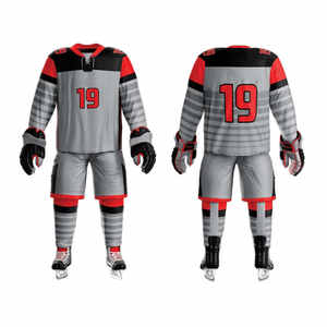 Ensemble de vêtements de hockey sur glace personnalisés gris, noir et rouge, numéro 19, maillot cousu, shorts, chaussettes, gants, équipement d'entraînement professionnel pour hommes - Product Image 1