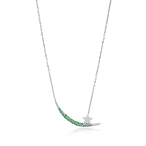 Moon and Star Design Round Cut Emerald Stone Charm Necklace Turkish Handmade Wholesale 925 Sterling Silver Jewelry - Product Image 5