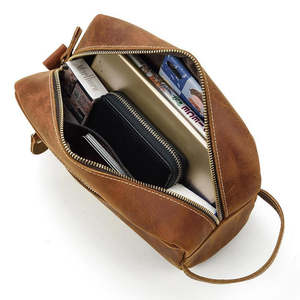 Sac de toilette vintage en cuir avec fermeture éclair, grande capacité, pour rangement, cosmétiques, trousse de toilette de voyage suspendue - Product Image 5