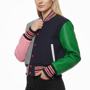 Chaqueta universitaria con mangas de cuero y cuerpo de lana 100% hecha a medida para mujer, chaqueta universitaria de Hip Hop con logotipo bordado de chenilla personalizado - Product Image 6