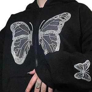 Precio más vendido Sudaderas con capucha de diamantes de imitación Mariposa Cordón Zip Up Forro térmico Sudadera con capucha de diamantes de imitación Nueva llegada Sudaderas con capucha de diamantes de imitación - Product Image 3