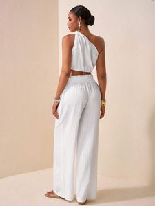 ชุดเซ็ต 2 ชิ้นสำหรับผู้หญิง เสื้อสายเดี่ยวแฟชั่นสีพื้น & กางเกงขายาวทรงกว้างผูกโบว์ด้านหน้า ผ้าถัก ยาวพิเศษ ของขวัญสำหรับเธอ - Product Image 2