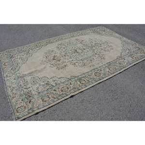 Alfombra turca clásica Beige azul Vintage 5,8X9,4 pies Alfombra de retales de lana para sala de estar con respaldo de látex para adolescentes - Product Image 4