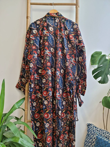 <b>Men's</b> Cotton Funky House Robe Kimono Royal Black Mustard Red Blue Exotic Bird Print <b>Long</b> Casual Canvas Summer Double Breasted - Product Image 4