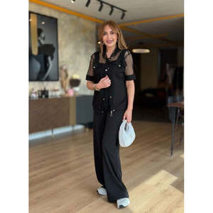Ensemble deux pièces en modal pour femme, avec col, manches courtes, détails en maille et boutons, veste et pantalon, 37680 - Noir - Product Image 3