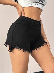 Short en jean droit taille haute noir à la mode pour femmes respirant Vintage ourlet effiloché pour vêtements d'été décontractés sorties formelles - Product Image 5