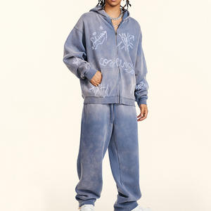 Chándal de dibujo a mano de algodón 100% a la moda para hombre, conjunto con capucha de peso pesado, función transpirable, cierre de cordón frontal para invierno - Product Image 4