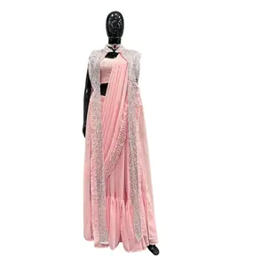 Superventas Readymade diseñador indio Georgette con bordado Lehenga Drape Saree Choli con encogimiento de hombros Ropa de fiesta Traje de boda