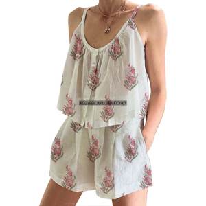 Ensemble de pyjama en coton imprimé à la main, short, pyjama de nuit, Kurti, printemps/été, floral, ajusté, bretelles fines, sans manches - Product Image 4