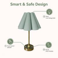 Lampe de table sans fil rechargeable à abat-jour plissé en tissu, base en laiton, variateur tactile, abat-jour remplaçable pour chambre à coucher et décoration intérieure
