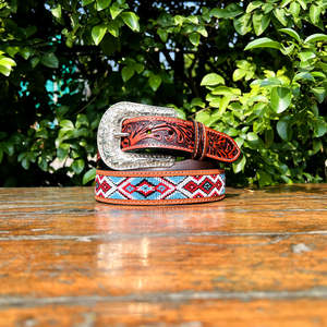 Cinturón Occidental Clásico Vintage de Cuero Genuino con Cuentas de Diamantes, Detalles Tallados a Mano y Hebilla de Aleación - Product Image 5