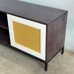 Contemporary Farmhouse Living Room TV <b>Stand</b> with Rubberwood Rattan <b>Doors</b> Iron Legs - Product Image 5