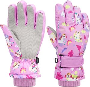 Girls Pink Unicorn Print Insulated Ski <b>Gloves</b> <b>With</b> Hook And Loop Closure Winter Outdoor Use - Product Image 1
