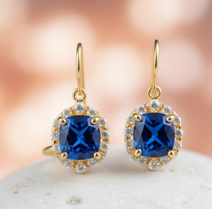 ต่างหูบลูไฮโดร&ซีแซด 4 นิ้ว 8 กรัม |   แปดเหลี่ยมขนาด 10x12 |   เครื่องประดับเงินแท้ 925 ชุบทอง 18K สำหรับงานแต่งงาน ของขวัญสำหรับเธอ - Product Image 3