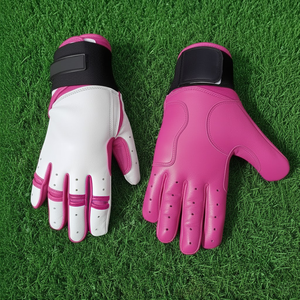 Gants de frappe pour softball et baseball, blanc et rose, antidérapants, rembourrés en cuir, ambidextres, fermeture à boucle et crochet, logo personnalisé, équipe, ligue - Product Image 1