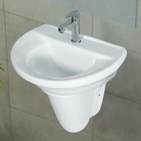 Lavabo demi-pied en céramique blanc brillant moderne avec drain, écologique, facile à nettoyer, garantie 5 ans+, idéal pour hôtels, centres commerciaux, villas