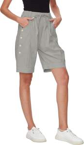Women's Vintage Style 100% Cotton Mid Waist Beach <b>Shorts</b> With Pockets Decoration Buttons Quick Dry <b>Swim</b> <b>Shorts</b> For <b>Ladies</b> - Product Image 3