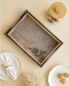 Plateau en bois de manguier Eva avec motif de lotus Plateau de service décoratif pour café, thé et collations Plateau en bois de manguier Eva avec motif de lotus - Product Image 6