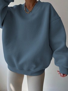 Y2K, sudadera holgada de invierno con cuello en V para mujer, Jersey grueso de lana de algodón, ajuste relajado, ropa informal holgada con hombros caídos - Product Image 5