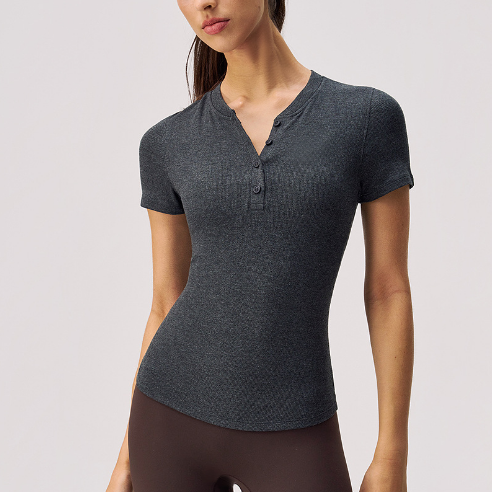 Women's Summer Slim Fit Henley Neck Short Sleeve Ribbed Crop Top 94% Viscose 6% Spandex Casual Yoga T-Shirt
