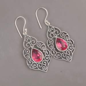 Boucles d'oreilles en argent sterling plaqué or avec pierre précieuse tourmaline rose, bijoux statement en argent sterling 925, cadeau de fête - Product Image 2