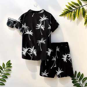 Ensemble de 2 pièces pour adolescents, garçons, chemise à manches courtes à col rabattu, motif uni, shorts, respirant, confortable, pour tous les jours, en plein air, été, 3D - Product Image 1