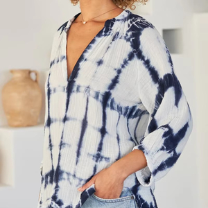Blusa 100% de algodón Indigo Tie-Dye para mujer Tejido tejido transpirable y lavable para prendas de vestir - Product Image 1