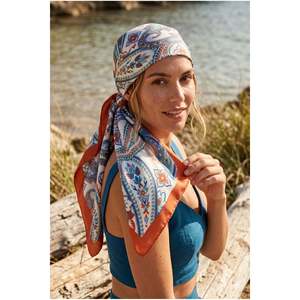 Women's Patterned Satin Neck Scarf <b>Bandana</b> 70x70 <b>Orange</b> Blue Ecru FLR2006 - FLR2006-<b>orange</b> - Product Image 3