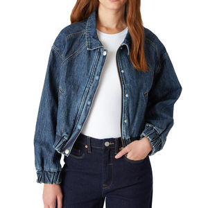 100% Cotton Custom Women's <b>Denim</b> Bomber Jacket Stand Collar with Embroidery Decoration Dot Pattern Winter Casual Style - Product Image 1