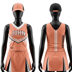 Uniforme de cheerleading en polyester et élasthanne 220 GSM, orange, avec panneaux chevron blancs et bleus, logo en twill. - Product Image 6