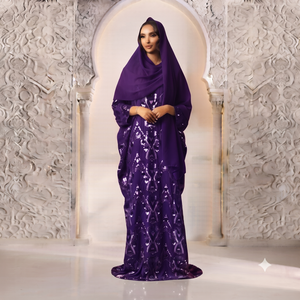 Ensemble Maqbal Dirac de couleur marron premium - Robe somalienne traditionnelle élégante avec des paillettes scintillantes et un châle assorti - Product Image 3