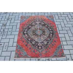 Alfombra Turca, Alfombra Pequeña de 3.3x4.1 pies, Alfombra de Lana Roja y Azul - Product Image 1