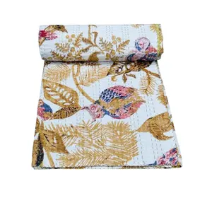 Indian Kantha Selimut Cetak Hewan Burung Hantu Cetak Kembar/Ratu/Raja/Buatan Tangan Kantha Bed Cover Selimut Tempat Tidur Reversibel Murni Cot